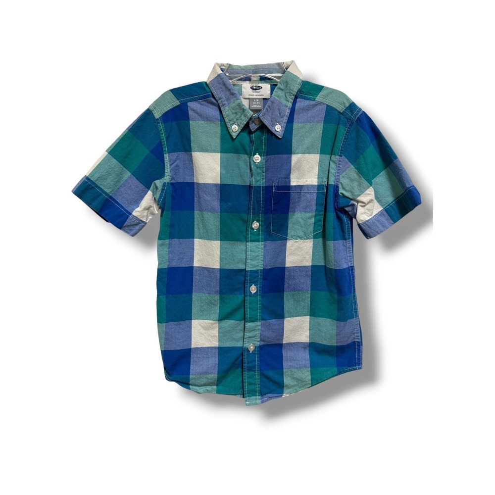 Old Navy Boys Blue Green Plaid Short Sleeve Button Down Stretch Shirt Size S 6-7